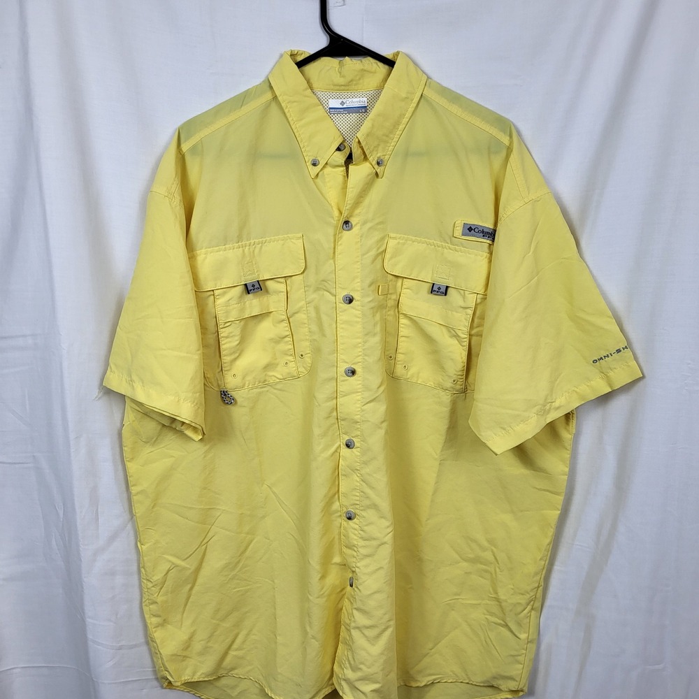 Columbia PFG Bahama II Short Sleeve Fishing Shirt Yellow‎ Mens Large UPF 30 Vent